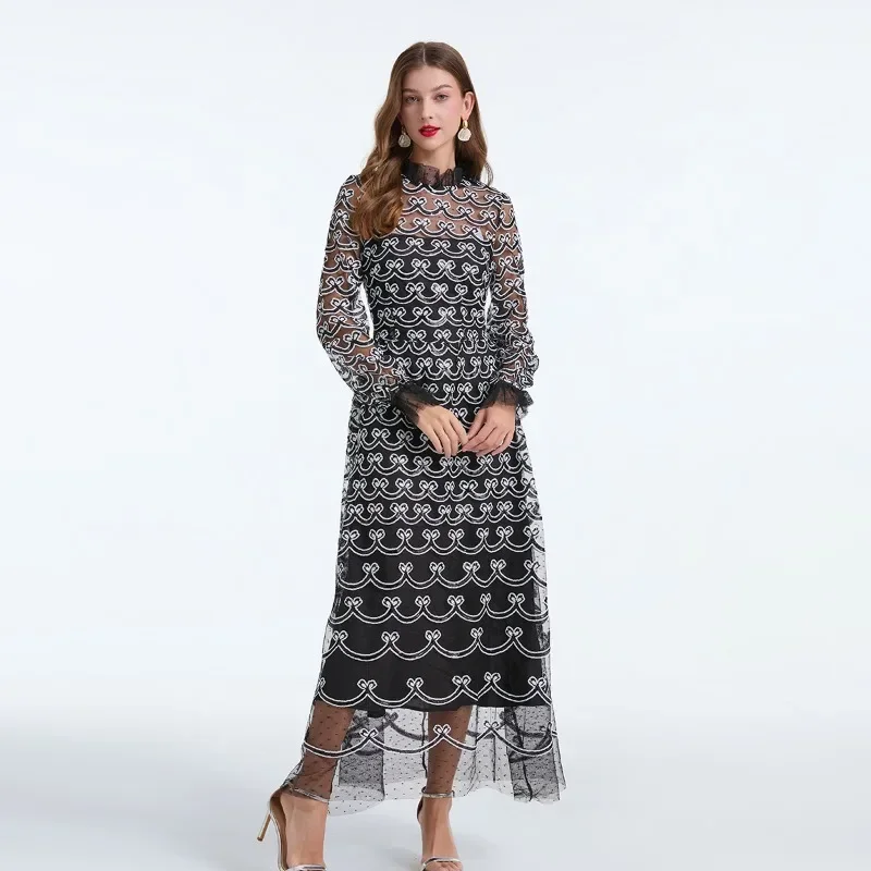 2025 Spring Summer Heavy Luxury Full Body Embroidery Bead Party Long Sleeve High Waist Skirt Banquet Evening Dress Robe