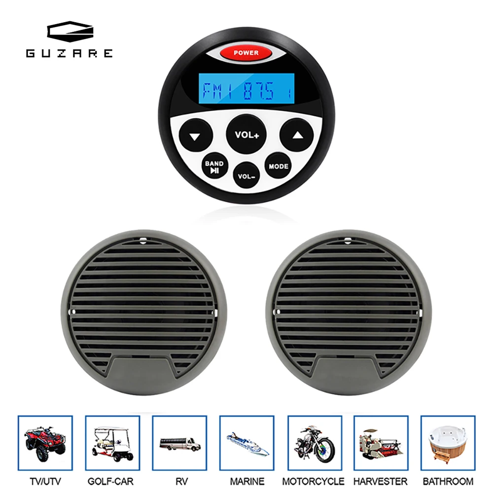 

Guzare Marine Stereo Boat Radio Bluetooth FM AM MP3 Player + 2Pcs 3-inch Waterproof Marine Speakers Audio for RV ATV Golf Cart