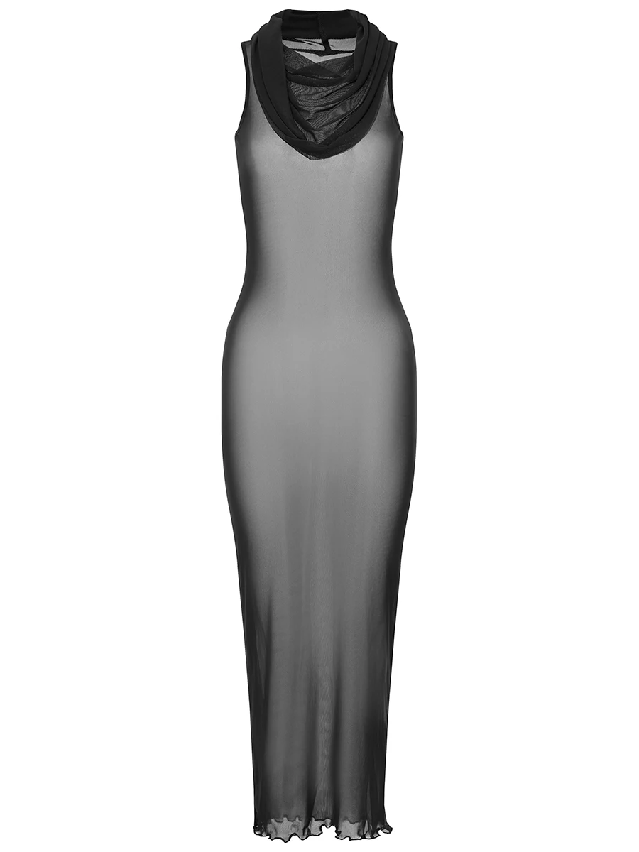 Женская ночная рубашка Babydoll, сорочка, длинное платье, однотонная сетчатая прозрачная ночная рубашка без рукавов с капюшоном, ночная рубашка