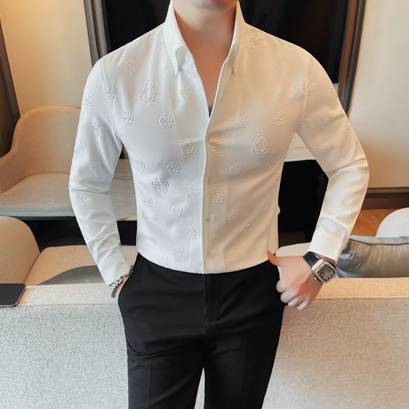 

Luxury Embossed Shirt 2024 Autumn Winter New Long Sleeved Slim Fit Fashion Social Dress Party Casual Shirts Men Clothing 4XL-M