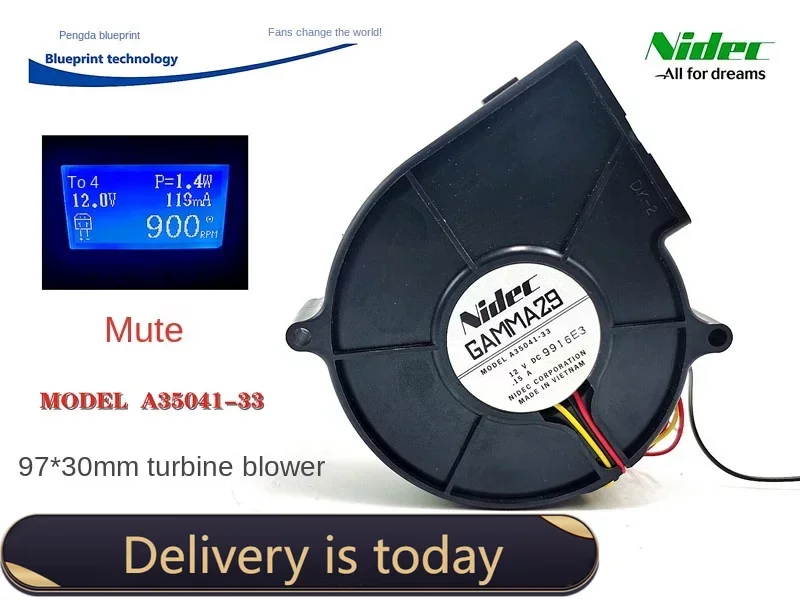 New Silent Nidec 9730 9330 A35041-33 9. 7cm Turbo Blower 12V Cooling Fan