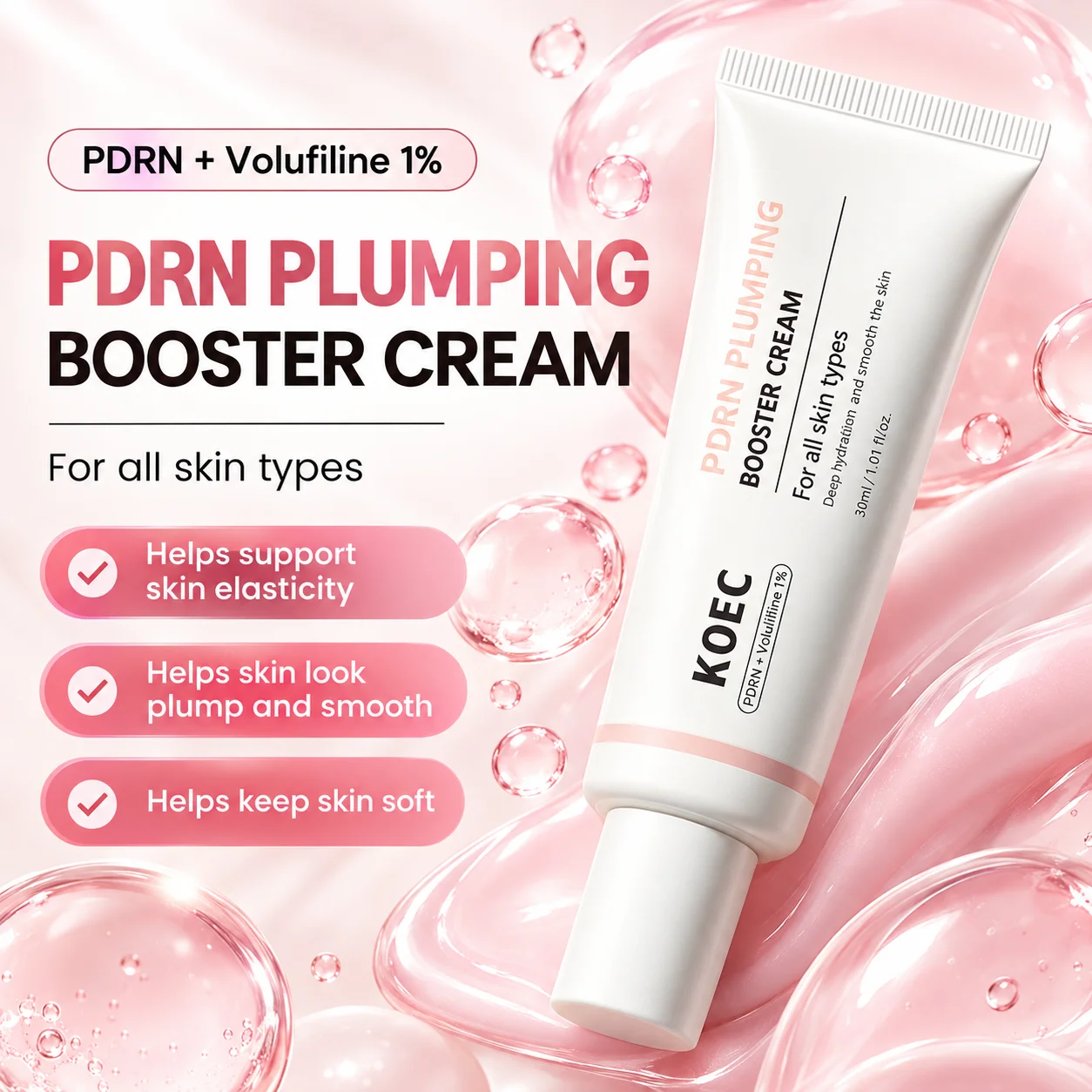 KOEC PDRN Volume Fill-It Booster Cream with PDRN, Volufiline & Peptides | PDRN Cream for Face, Wrinkle Filler & Volume Plumping Moisturizer | Firming, Hydrating & Plumping Skincare, 30ml/1.01 fl.oz