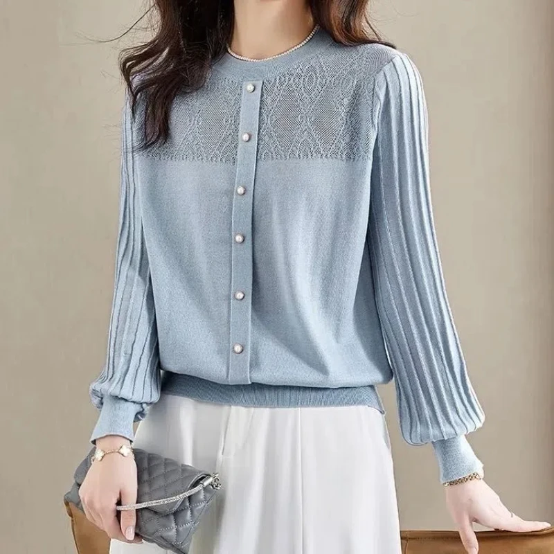 Korean Fashion Autumn/Winter Pullovers New Women's O-Neck Solid Single Breasted Pleated Elegant Loose Long Sleeve Knitting Tops