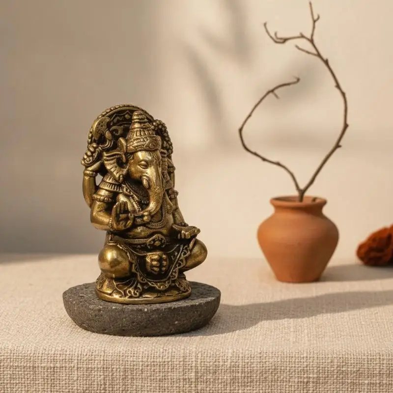 Vintage Brass Lord Ganesha Statue Set 2 Sizes Exquisite Carving Home Altar Meditation Desktop Spiritual Decor