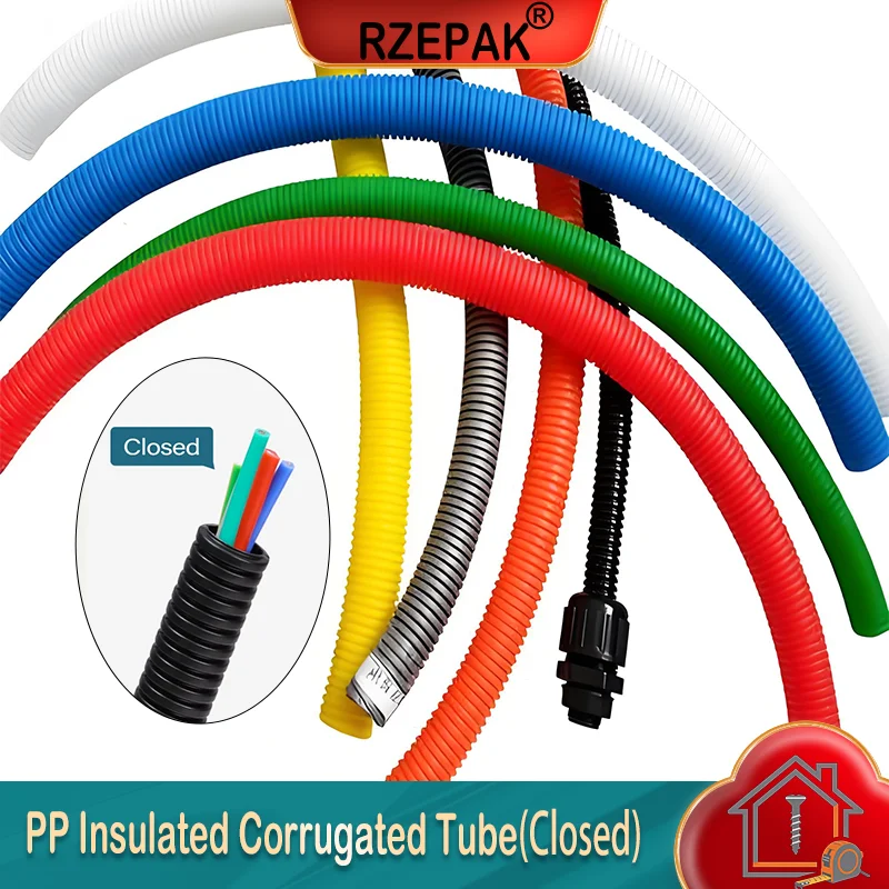 2/510m PP Insulated Corrugated Tube Colorful  Closed AD7.5-34.5mm for Wire Cable Harness Threading Protection Sleeving