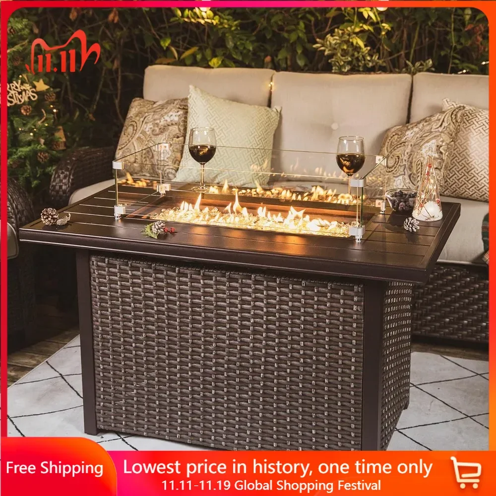 

43-inch Fire Pit Table, Aluminum Tabletop, PE Rattan Weaved Steel Frame, Water-Proof Oxford Cover, Glass Beads, Fire Pit Table