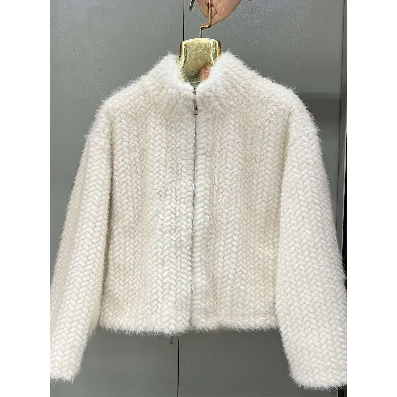 Woven Wheat Ear Imitation Mink Fur Encrypted Warm Coat,casual Light Luxury Stand-up Collar Zipper Fluffy Coat,new Fashion Style.