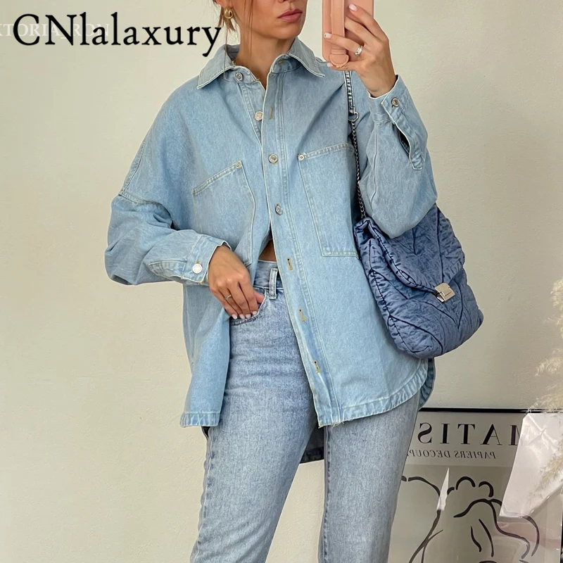 CNlalaxury 2023 Woman Spring Denim Shirt Coat Women Long Sleeve Pocket Cardigan Streetwear Jacket Harajuku Cowboy Outerwear