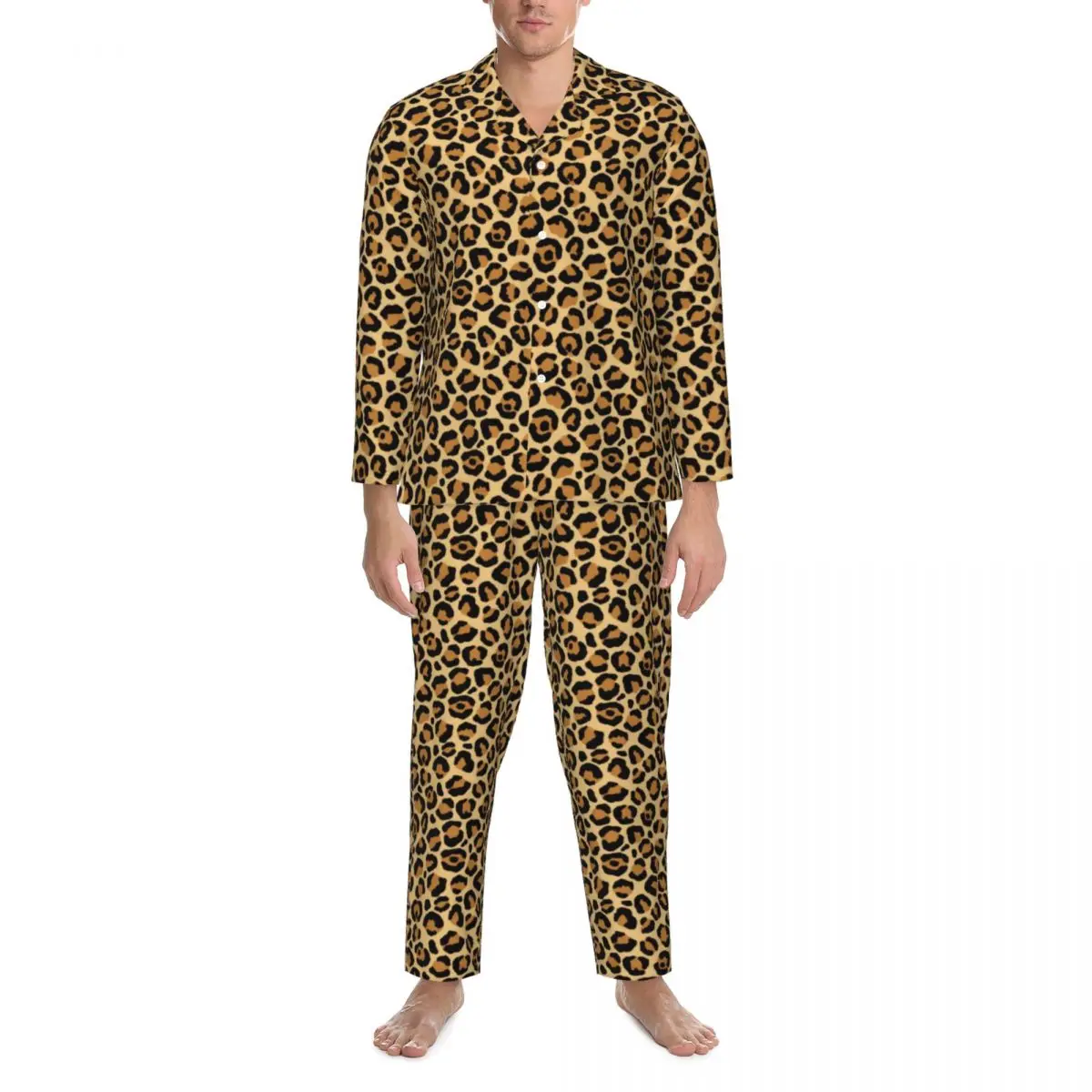 Classic Leopard Pajamas Men Animal Spots Print Lovely Room Sleepwear Autumn 2 Piece Casual Oversized Custom Pajama Sets