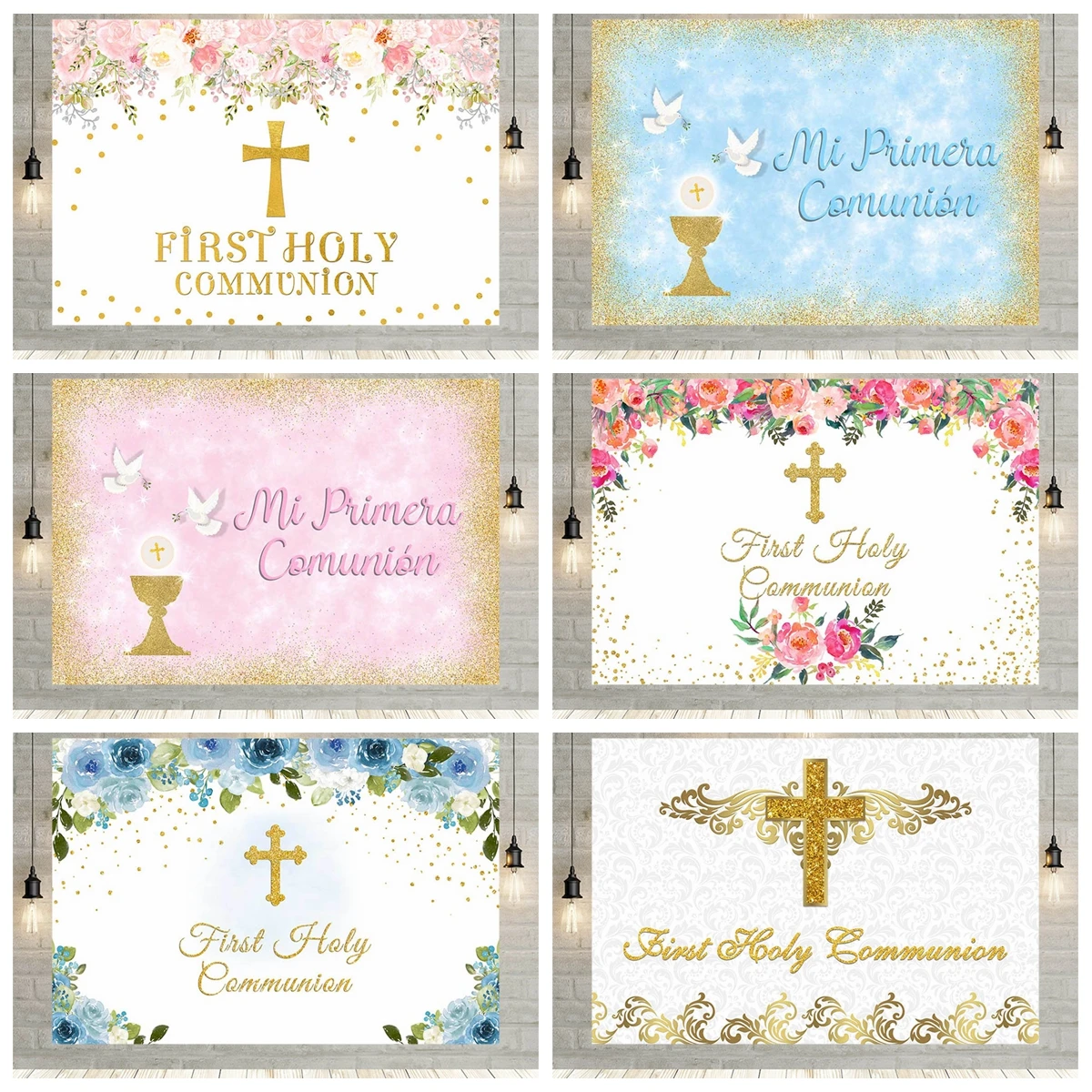 My First Communion Decor Backdrop Boy Girls Party Christening Gold Cross Angel Baby Shower Photography Background Custom Name