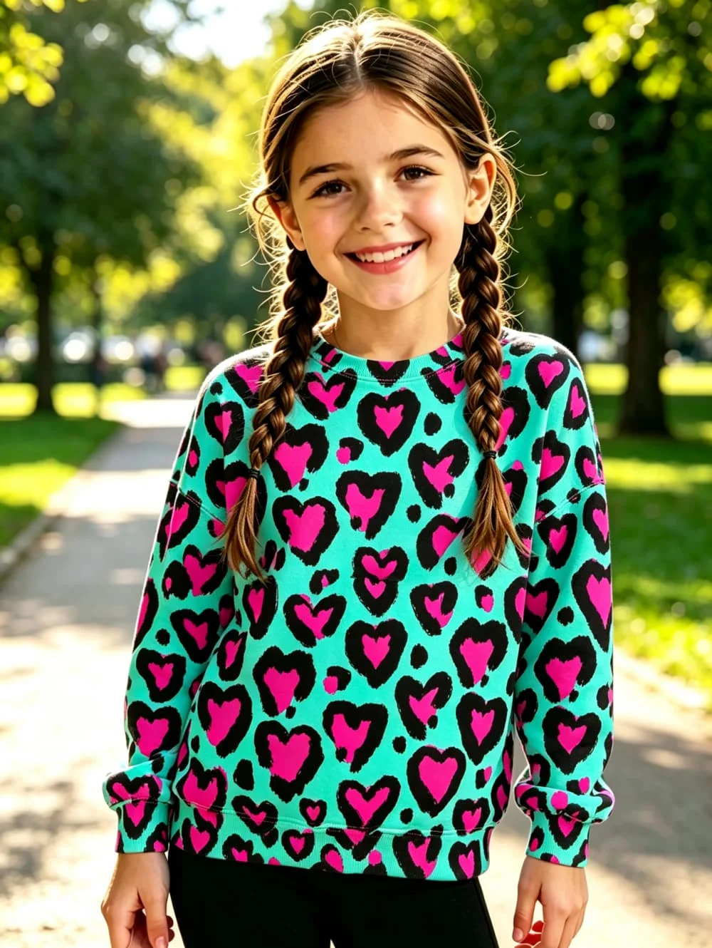 Girl Clothes Leopard Vibrant Love Print Round Neck Sweatshirt Casual Autumn Hoodies Harajuku Tees Y2k Tops Children's Clothing
