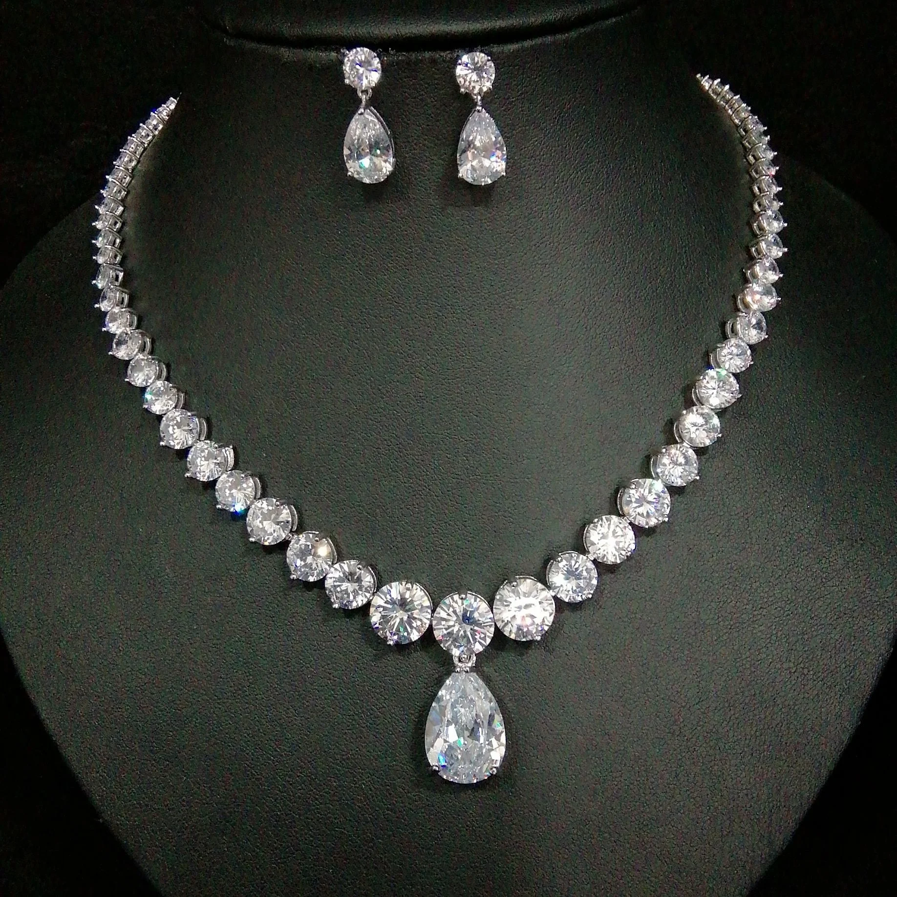 Luxury brand genuine real jewels Necklace water drop Zircon Earrings Set Bridal Party Jewelry high quality