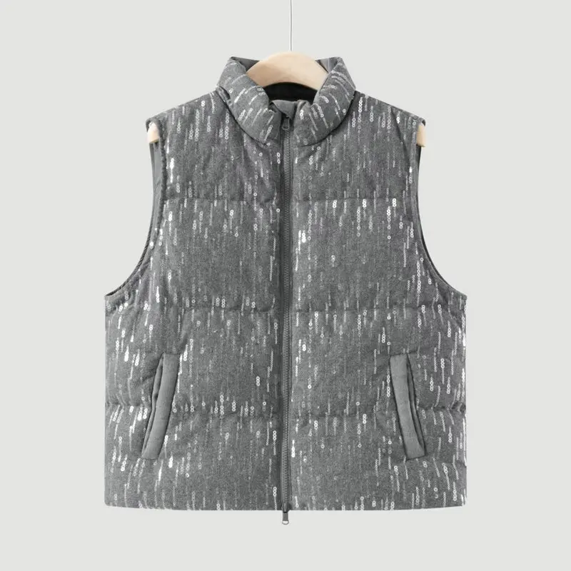 Women's 2026 Autumn Winter New Sequined Stand-up Collar Goose Down Vest Versatile Sleeveless Warm vest Jacket