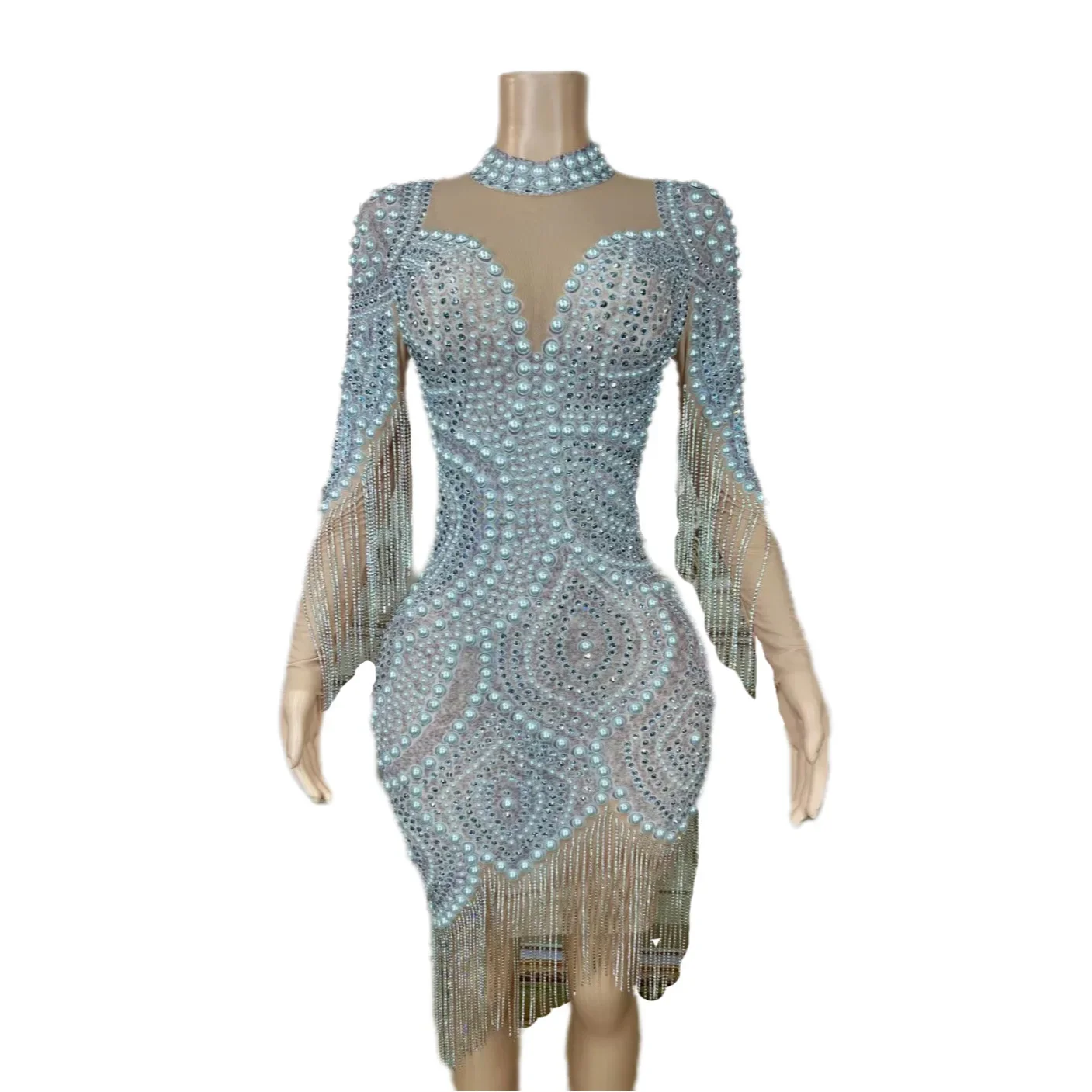 Długa Sukienka z Długim Rękawem, Ozdobiona Błyszczącymi Cyrkoniami, Perłami i Frędzlami, Seksowna, Damska, Idealna na Klub Nocny, Bal, Urodziny, Strój dla Piosenkarki, Kostium Sceniczny