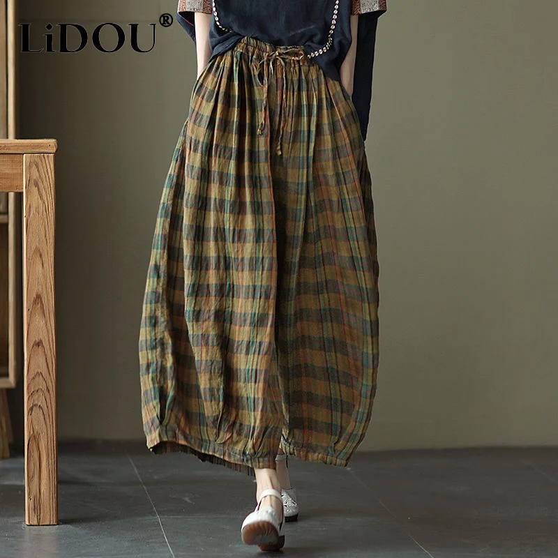 

2023 Summer New Plaid Printing Oversize Lantern Pants Women Elastic Waist Pockets Cotton Hemp Contrast Color Wide Leg Trousers