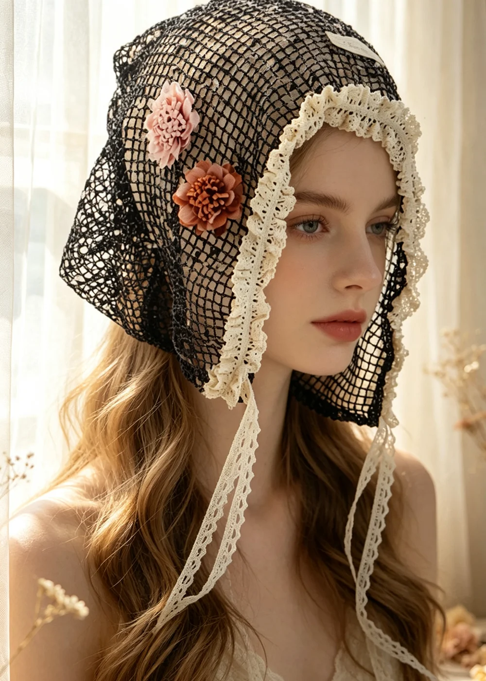 2026 New Flower Sweet Lace Hollow Out Pullover Hats for Women Summer Travel Thin Breathable Versatile Literary Strap Beanies