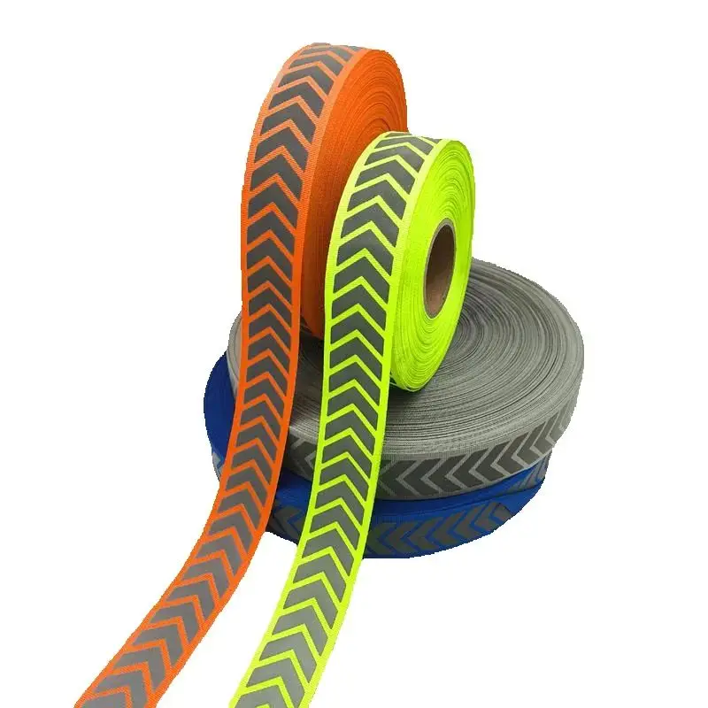 Silver Reflective Arrow Directional Signage Polyester Webbing Ribbon 2Inch Trim Stripe Warning Tape Sew-On Accessory for Clothes