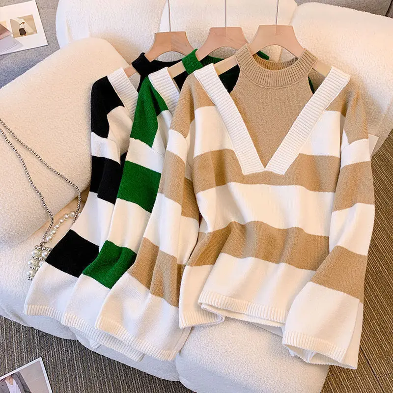 Spring New Striped Hollow Out Sweaters Long Sleeve Round Neck Loose Fake Two Piece Pullovers Vintage Fashion Women Clothing