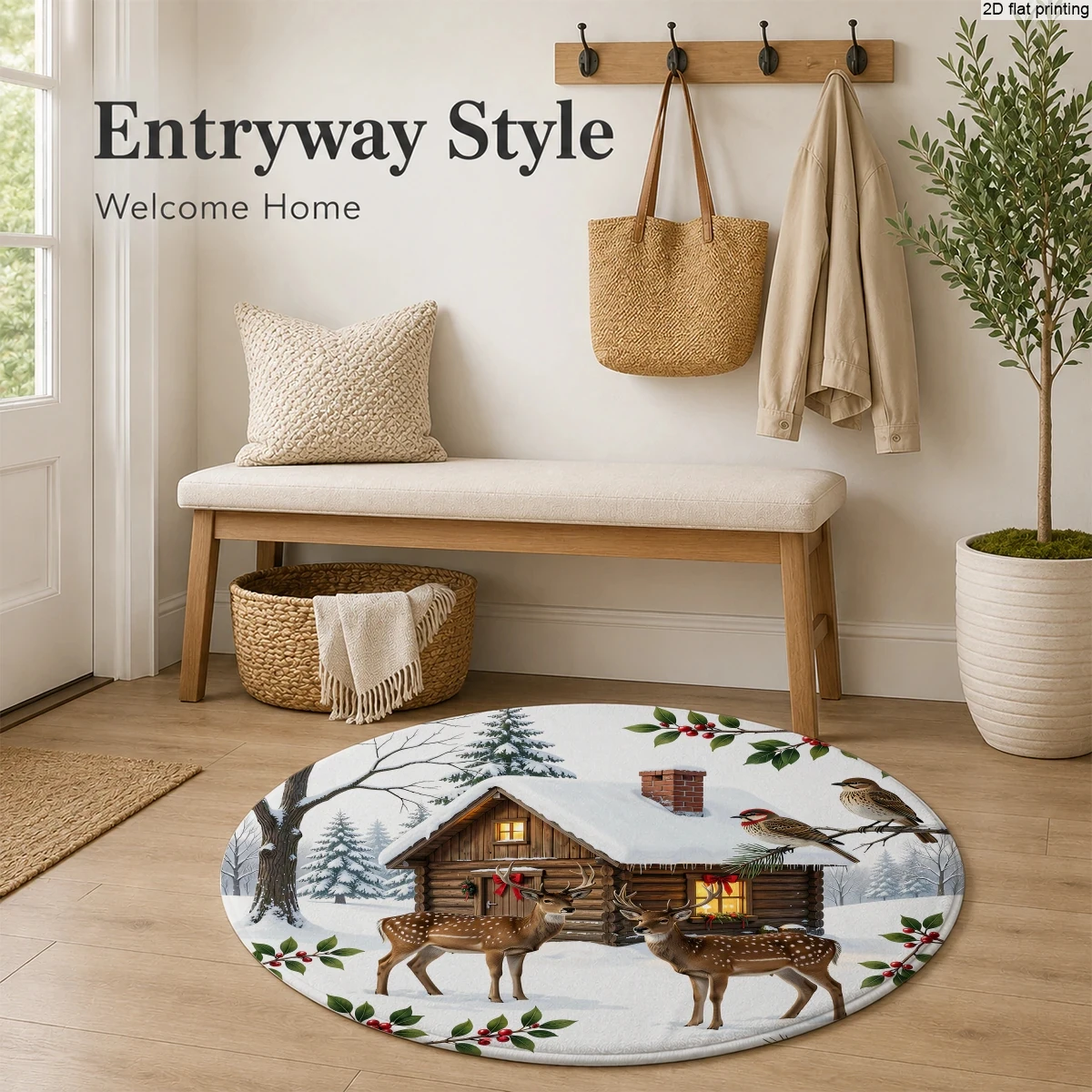 Dy8 (64) Round Small Rug with Christmas Deer, Wooden House, and Snow Scene Prints, 2D Flat Printing Technology, Soft and Skin-Friendly, Easy to Clean, Machine Washable, Non-Slip, Wear-Resistant Backing, Suitable for Bedroom, Living Room, Bathroom, Indoor Floor Decoration, Available in Multiple Sizes, Comfortable to Step on - view 4
