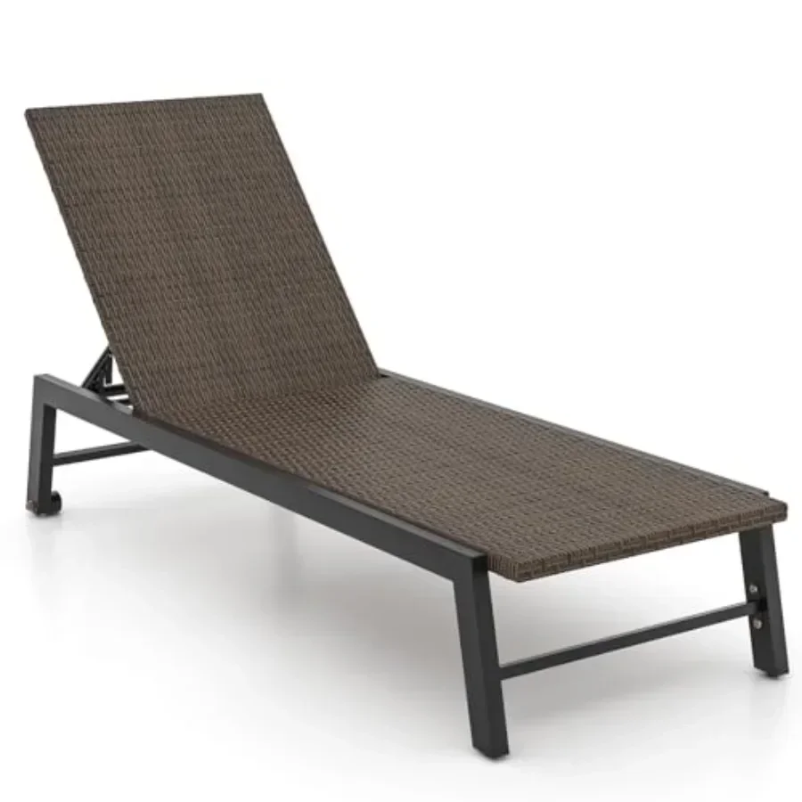 PE Wicker Patio Chaise Lounge Chair for Poolside, Backyard and Deck; Brown; Weather-Resistant Wicker with 4-Position Reclining
