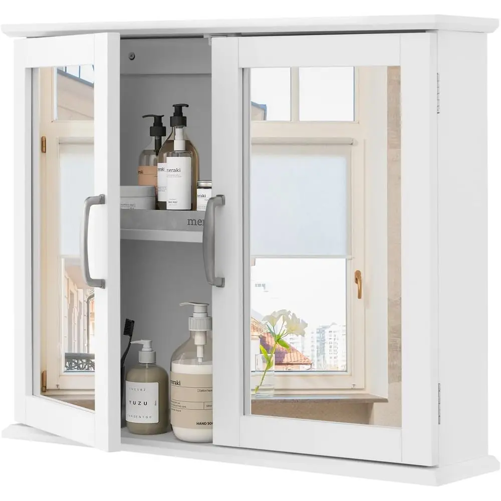 White Wall-Mounted Mirrored Storage Cabinet for Bathroom, Over Toilet, Kitchen, Laundry, and Entryway