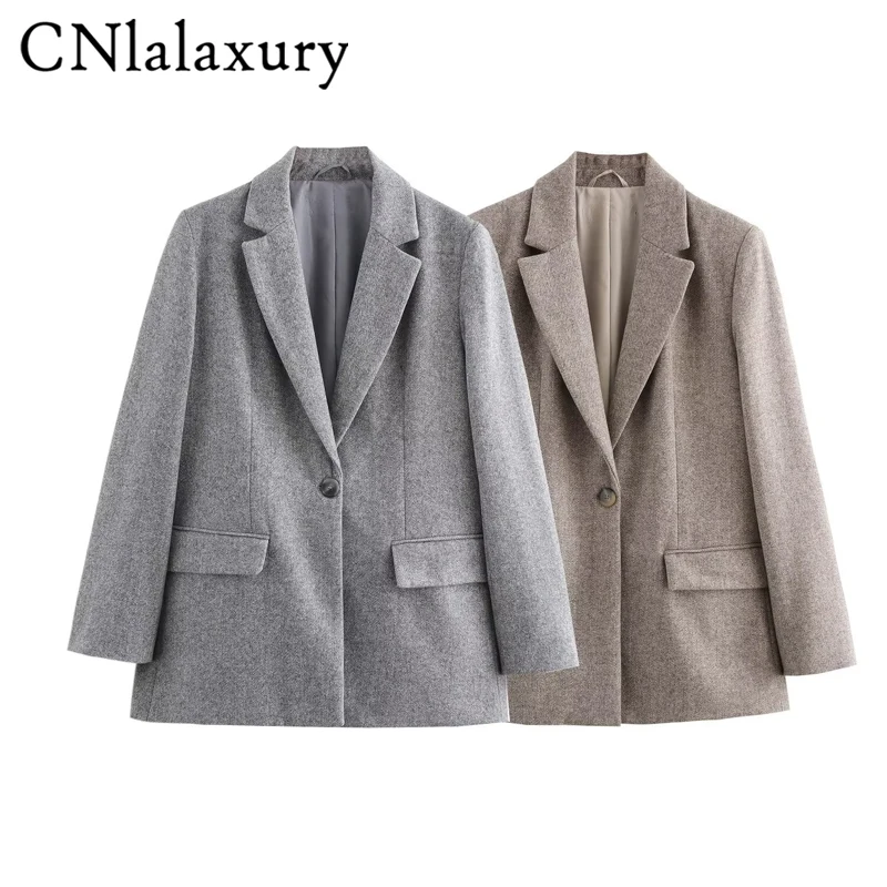 CNlalaxury Grey Blazers for Women Jackets Long Sleeve Single Button French Office Lady Outerwears New Autumn Winter Fashion Coa