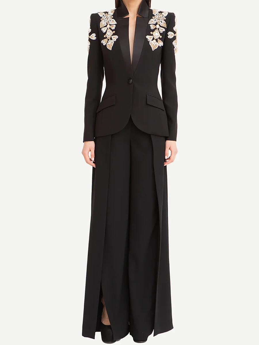 VGH Effen Kleur Afslanken Chique Jas voor Vrouwen Nothced Kraag Lange Mouw Patchwork Kralen Blazer Jassen Vrouwelijke Herfst Nieuwe Stijl