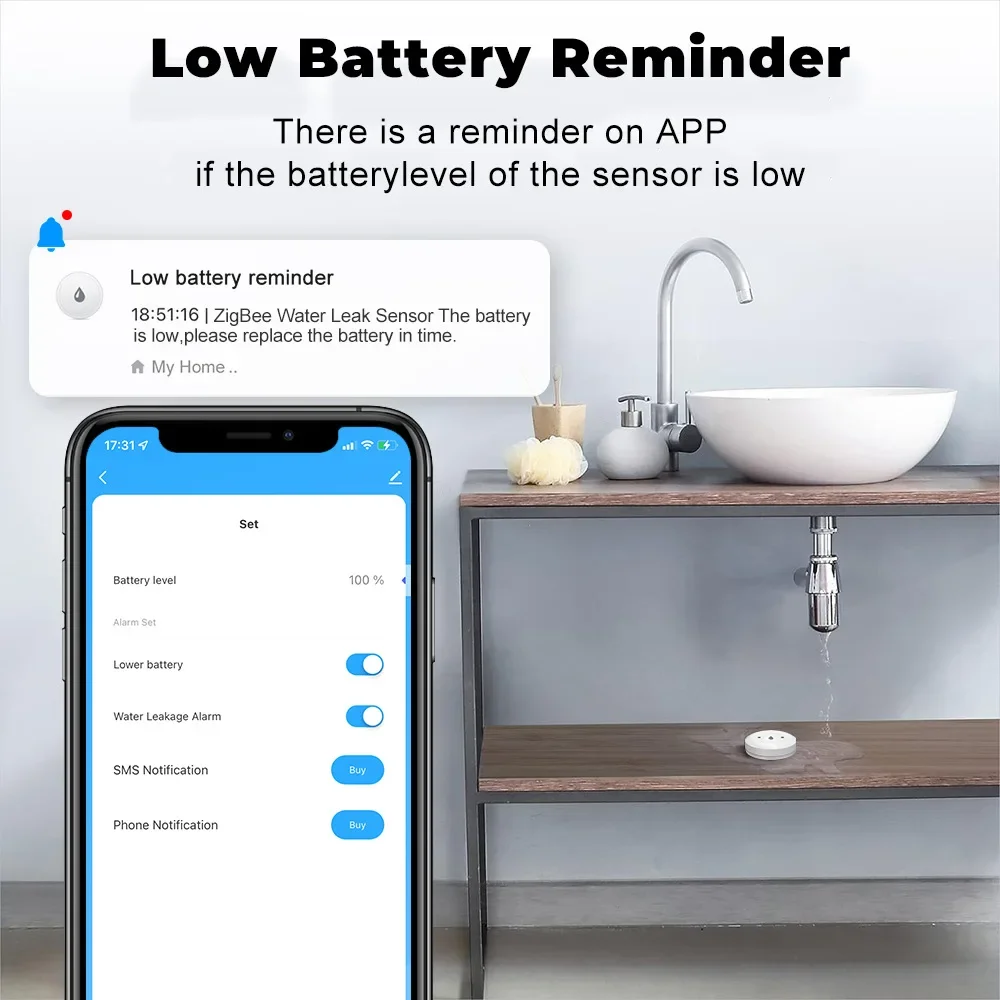 Tuya Smart Zigbee Water Sensor Flood Water Leakage Detector Alarm App Remote Monitoring Support Home Assistant Zigbee2MQTT ZHA