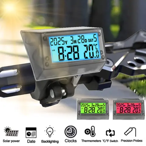 방수 태양 시계 오토바이 핸들 바 시계 디지털 날짜 온도계 LCD 백라이트 디스플레이 스틱 온 대시 보드 자동차 시계