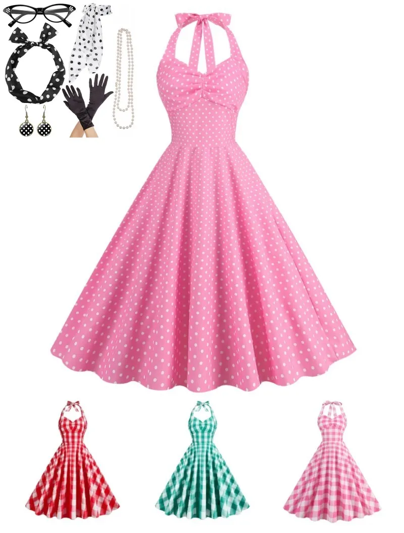 

7 pc/set Women Rockabilly Flare Dress with Jewelry Set Polka Dots Cocktail Dress 50s Audrey Retro Vintage Party Dresses