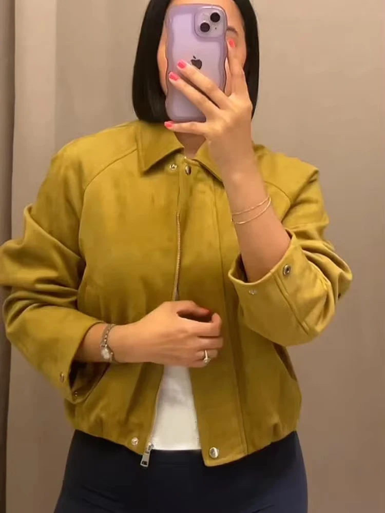 

HH Осенняя женская короткая куртка с длинными рукавами, 2021, женская шикарная куртка с отложным воротником и карманами на молнии, уличные пальто Mujer