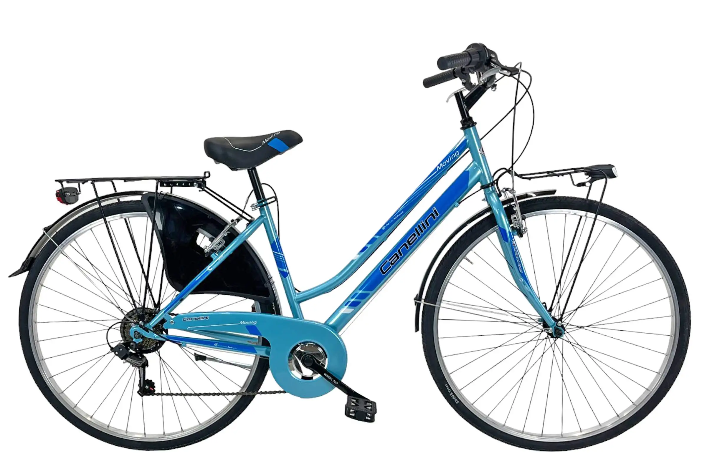Vélo de ville en acier pour femme Canellini MOVING 28 ", 6 vitesses, freins V-brake, feux LED, garde-boue - Bleu