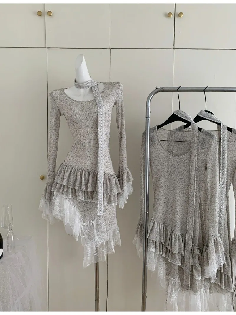 

Lace Mesh Patchwork Irregular Dress for Women's Spring Hot Girl Lace-up Long-sleeved A-line Short Dress Fashion Female Clothes