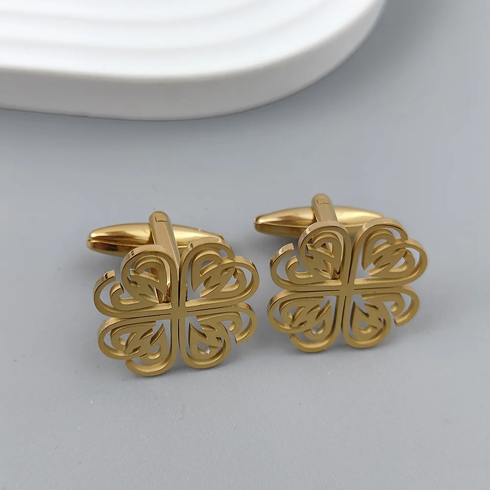 Gold-plated four-leaf clover petal cufflinks, French shirt cuff accessories, black stainless steel suit, formal match