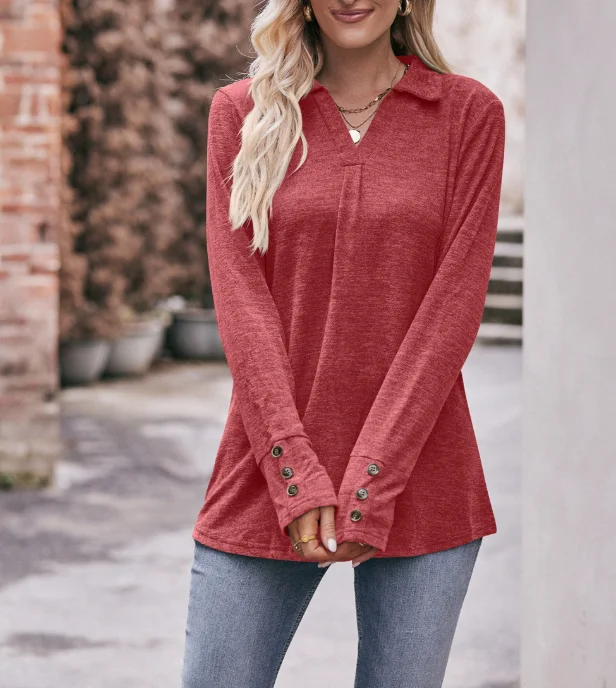 Women's Loose Fit Pullover 2025 Autumn Winter Latest Communicating Style Solid Color Turndown Collar Button Long Sleeve Top