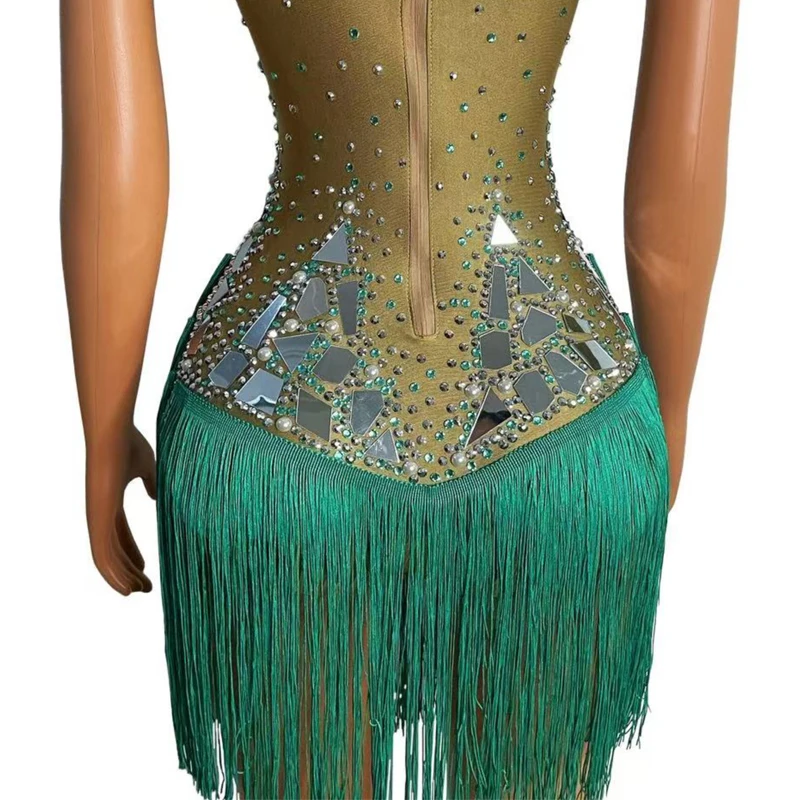 Spiegel Strass Sänger Fransen Kleid Nachtclub Jazz Dance Kostüm Frauen Leistung Feiern Abendkleider XS10197