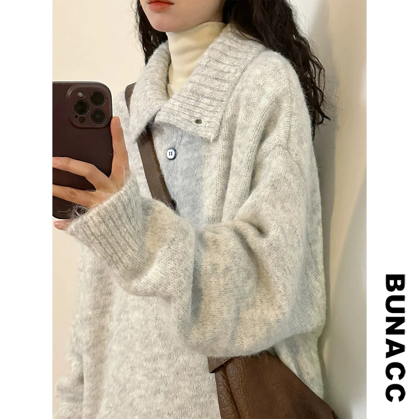 

Casual Thiened Knitted Sweater Hoodie Lazy Sle American Retro Loose Fit Collar Long Sve Women's Winter Top