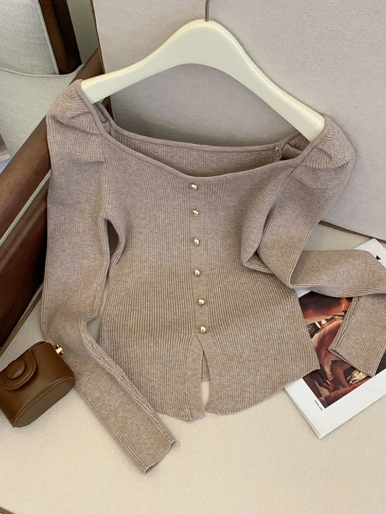 Korean Style Chic Square Collar Knitted Sweater High Quality Women Long Sleeve Slim Tops Autumn 2024 New Button Design Pullover