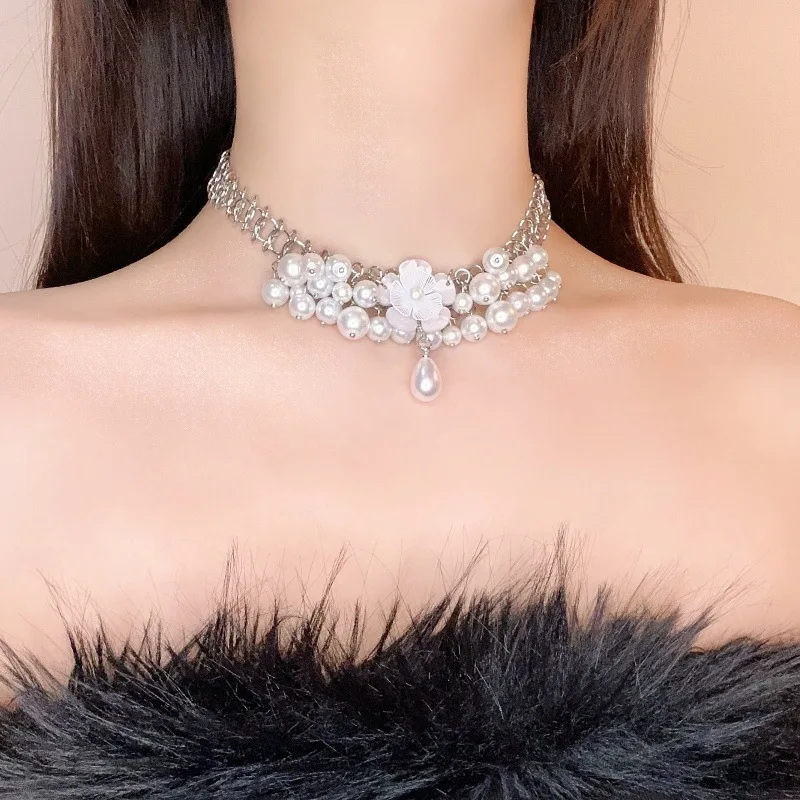 New Chinese heavy industry flower water drop pearl necklace choke collar collar neck accessories premium sense collarbone chain