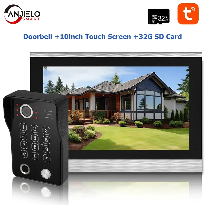 Anjielo อินเตอร์คอมวิดีโอ1080P สำหรับบ้านอพาร์ทเมนต์ชุดรักษาความปลอดภัยกริ่งประตู5in 1กล่องเก็บซิมการ์ดรหัสผ่านลายนิ้วมือ WIFI Tuya 10นิ้ว