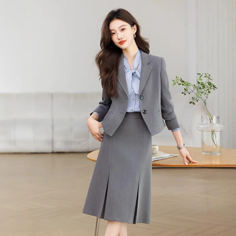 

Professional Gray Suit Set for Women Spring Autumn Winter2025New High-End Interview Skirt Suit Workwear Jacket Commuting