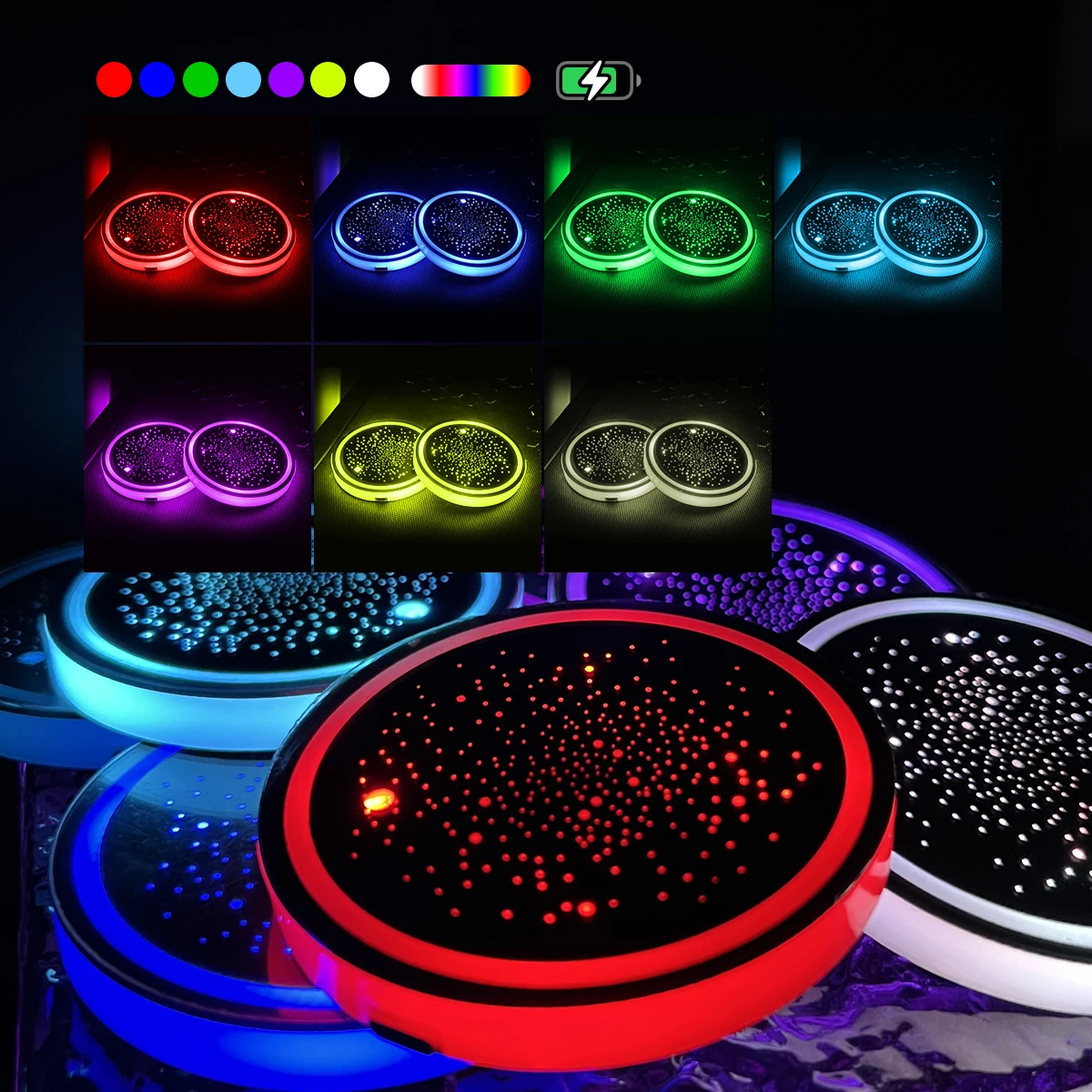 2pcs Led Cup Holder Lights For Car, Rechargeable 7 Color-changing Light Up Cup Holder Insert Coasters, Car Accessories For Teens