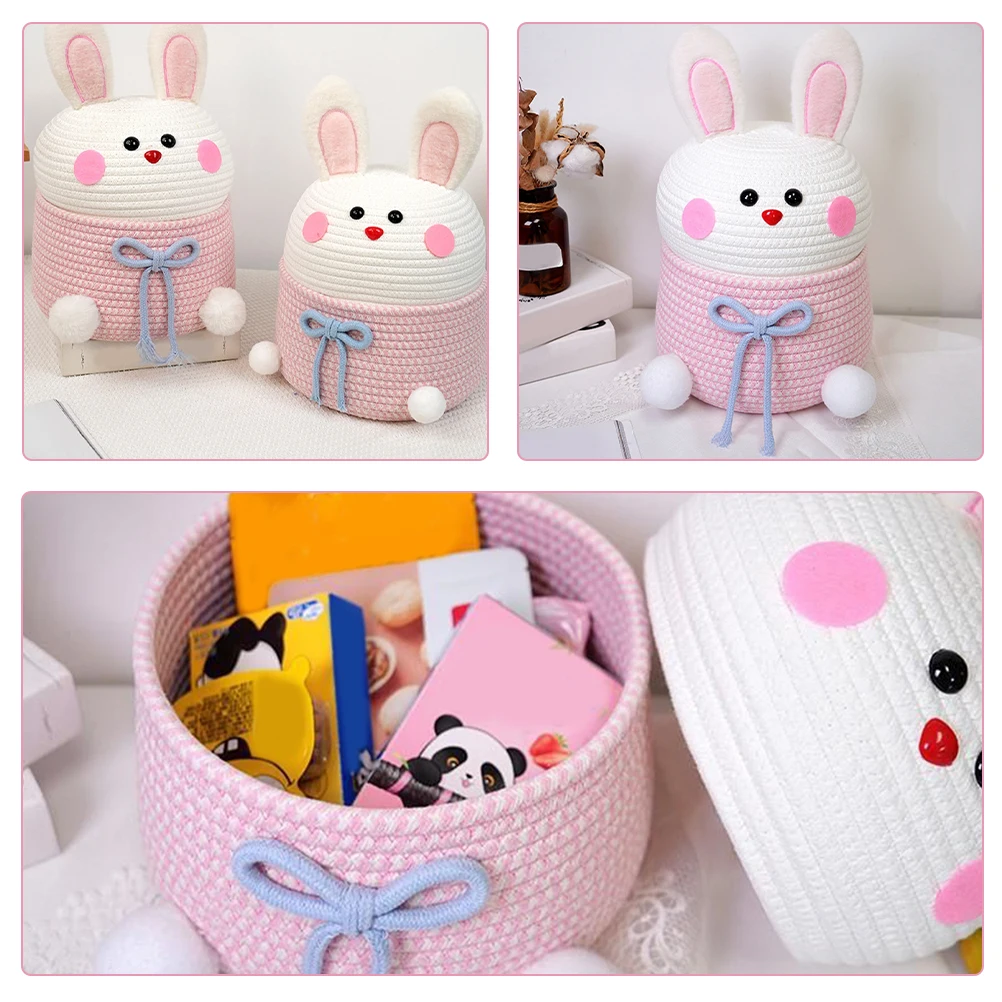 

Cotton Rope Storage Basket Woven Baskets Desktop ganizer Rabbit Basket Lid Protection Home Decor Storage Solution