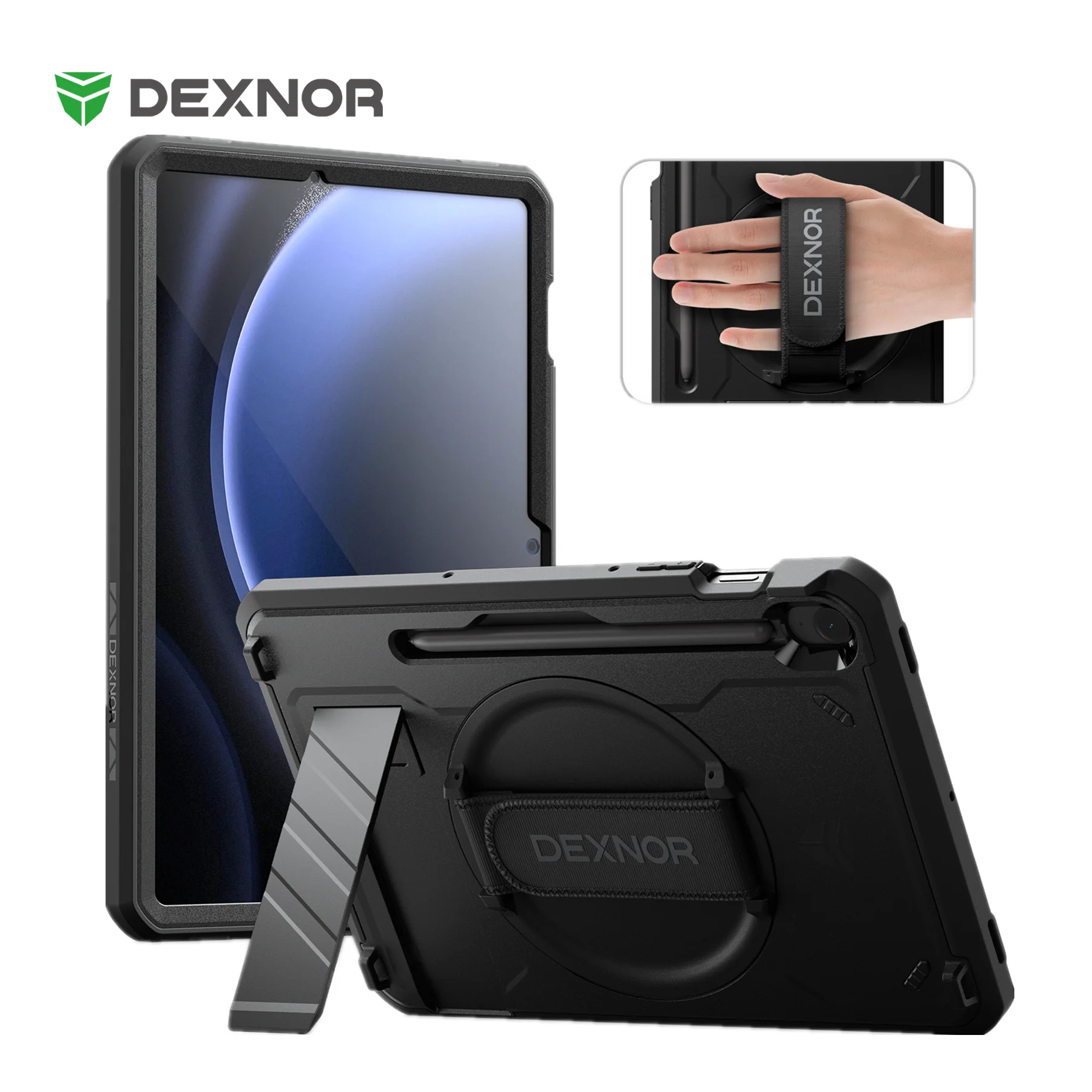 

For Samsung Galaxy Tab S10 FE / S9 FE 10.9 Inch / S9 11 Inch 2023 Case with Screen Protector Pen Holder 360 Rotating Hand Strap