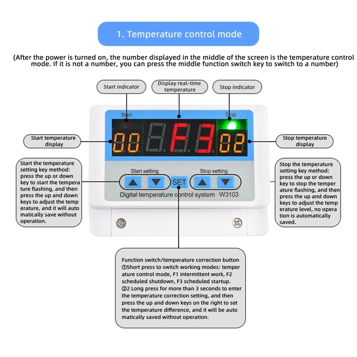 W3103 AC 220V Max Digital Thermostat 30A Temperature Controller Switch Wall Hanging DC 12V 24V Thermostat