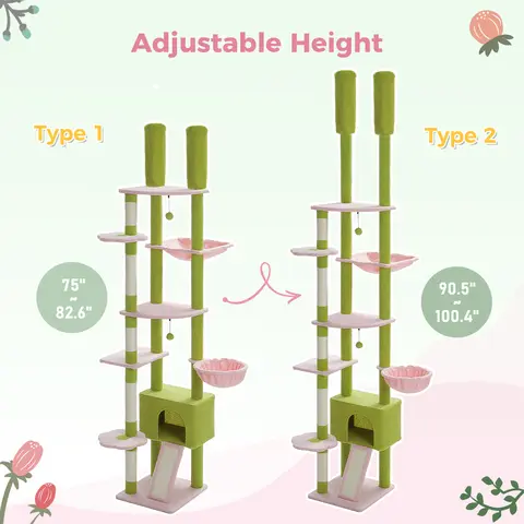 Klösträd med kaktus, golv till tak, justerbar höjd med kattlägenhet, mysig hängmatta och klösträd, högt aktivitetsträd 8 best sales katthus i trä - №8