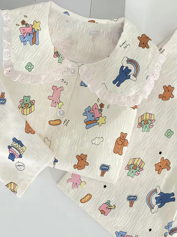 Adorable Bear Cartoon Print Sleepwear Long Sleeve Long Pants Cloud Cotton Home Clothes Women's Spring Autumn New Style Sweet ...