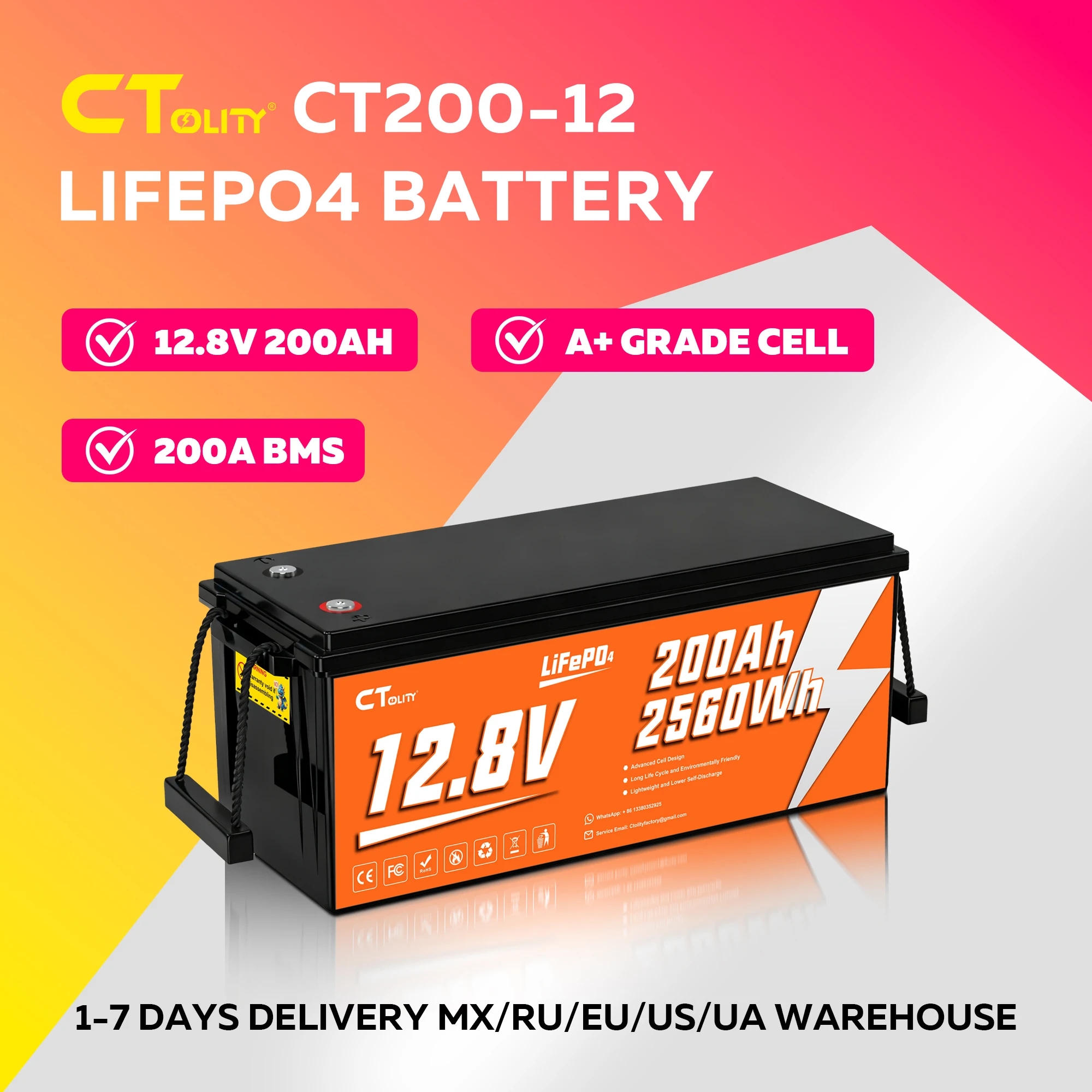 

CTOLITY CT200-12 12.8V 200Ah 2560Wh A Grade Cells LiFePO4 Battery Built-in 200A BMS Max 2560W 4000+ Cycle Solar Generater RV