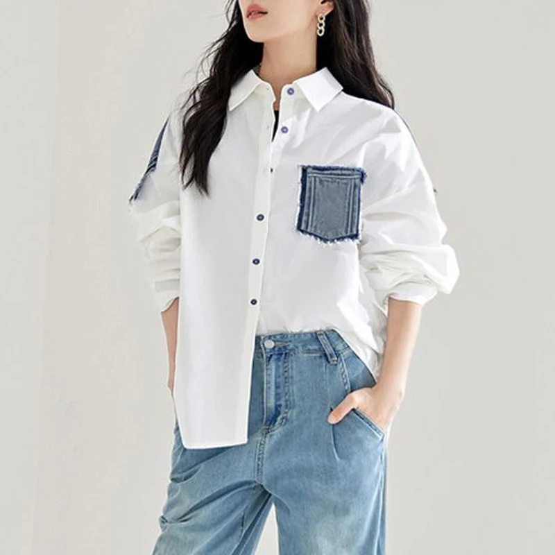 Spring Autumn New Turn-down Collar Fashion Long Sleeve Shirt Women High Street Casual Loose Pockets Patchwork Button Cardigan