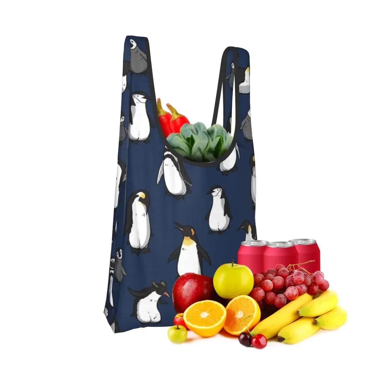 Cute Penguin Pattern (Dark Blue Variant) Portable Tote Shopping Bags Reusable Shopper Bag Groceries Handbag Shoulder Bag